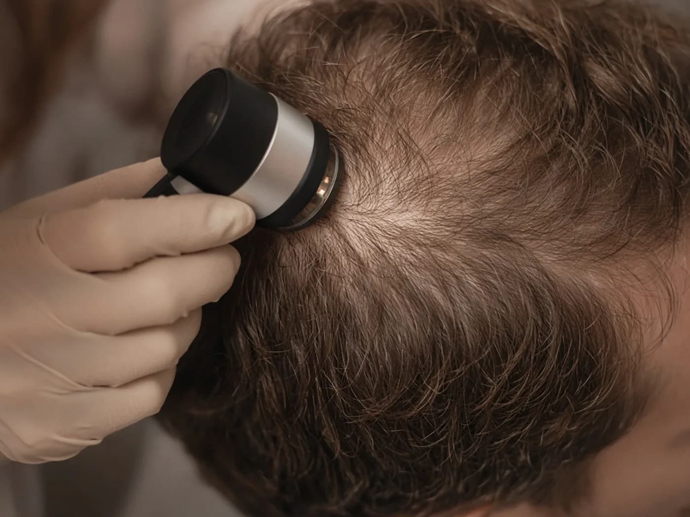 Dermatoscope examining diffuse thinning on a man’s crown — reading the hair loss pattern before blood tests