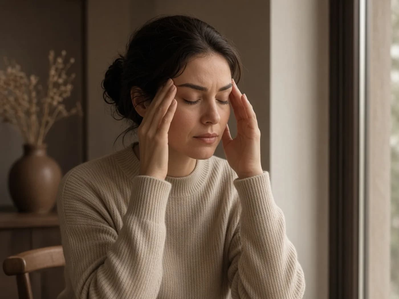 Woman pressing her temples under stress — physical or emotional stress as a trigger for hair shedding