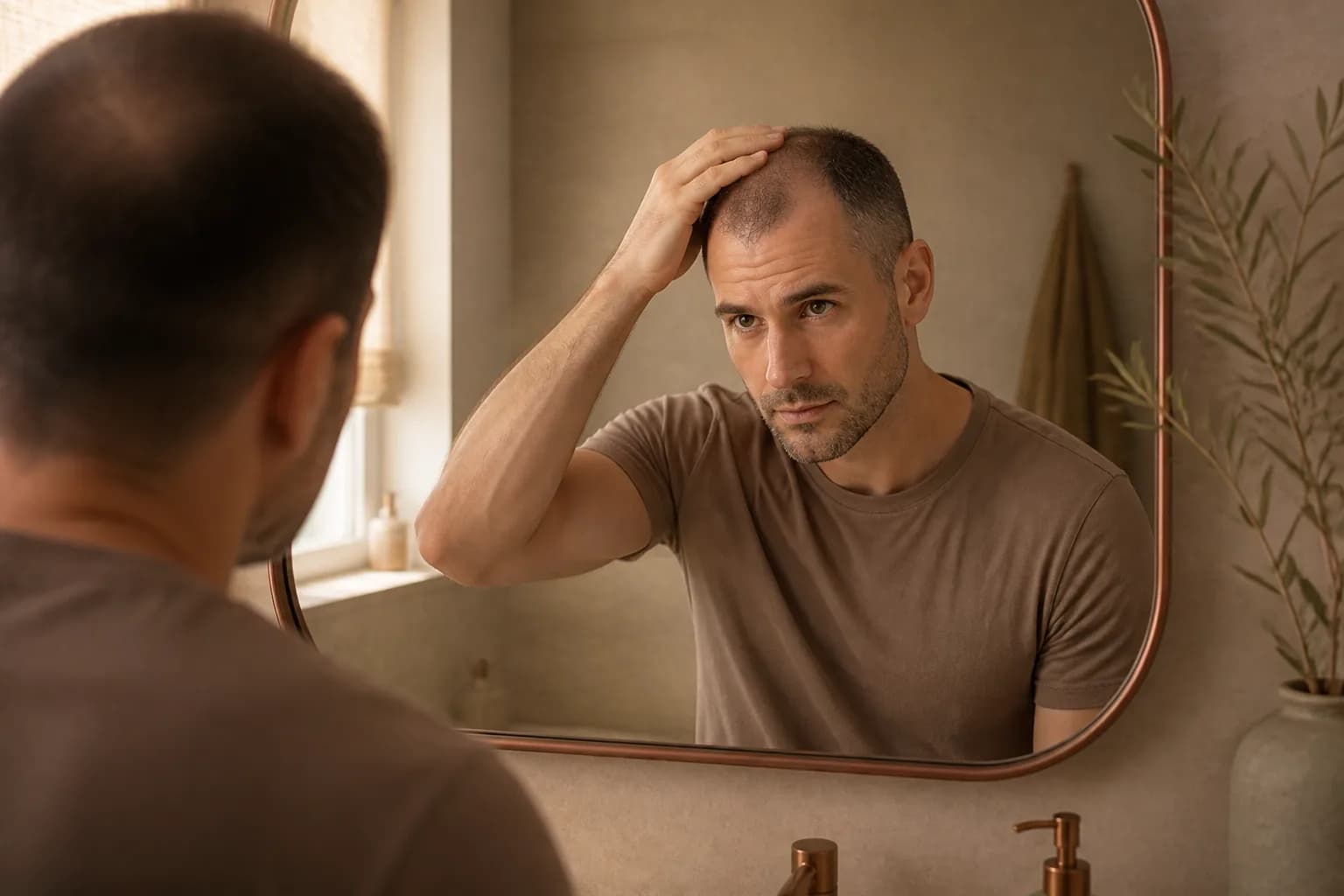 Man checking a receding hairline in the mirror before SMP Antwerpen