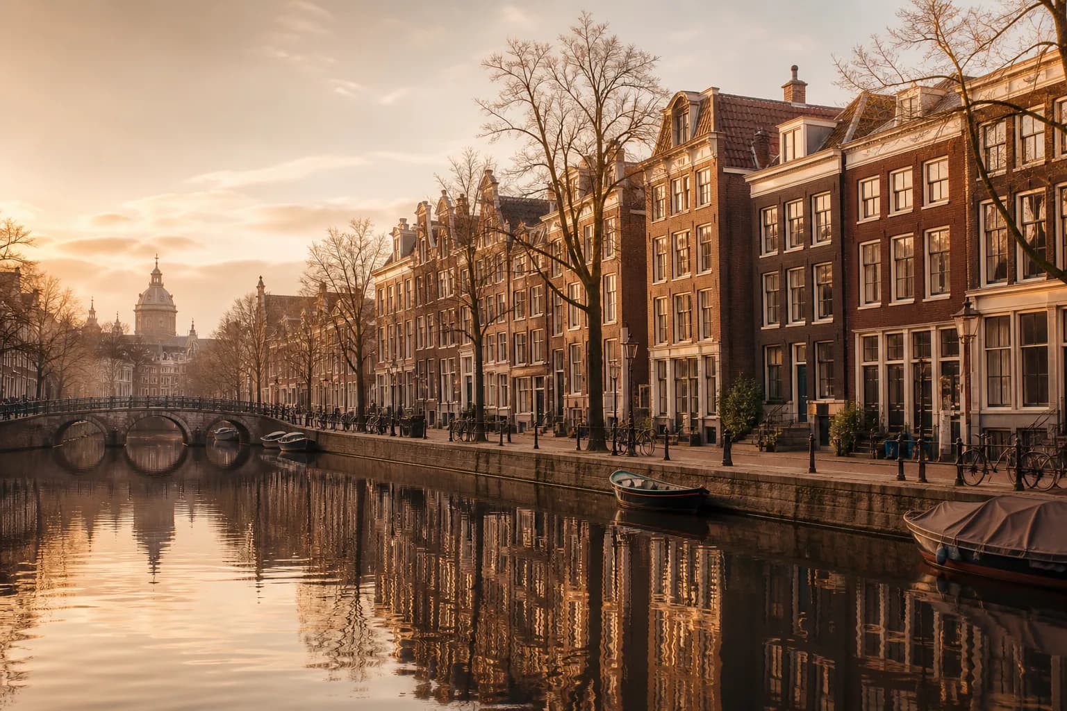 Amsterdam canal houses at golden hour — upcoming VANC scalp micropigmentation studio