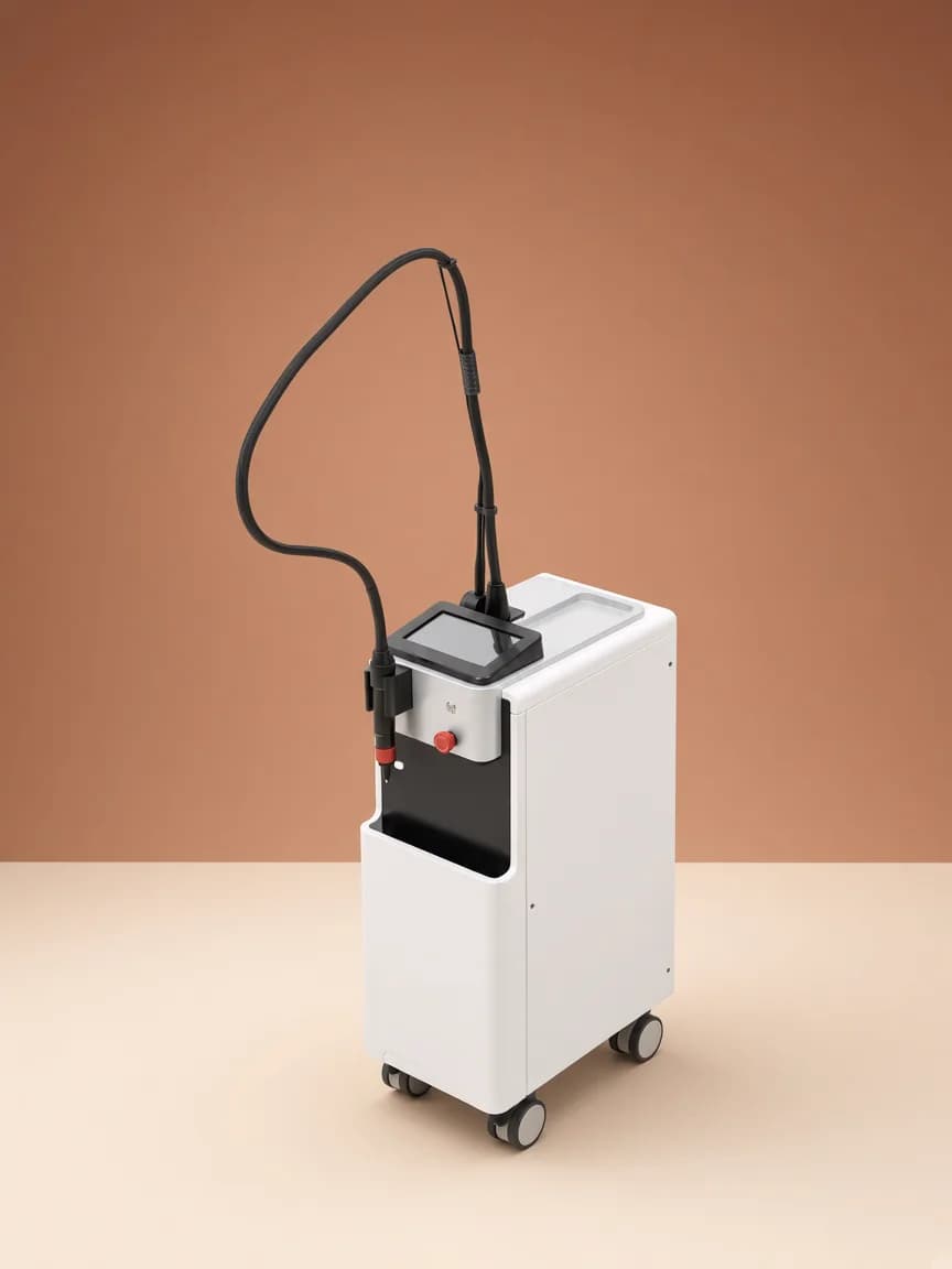 Needle-free medical device on wheels with touchscreen and handpiece