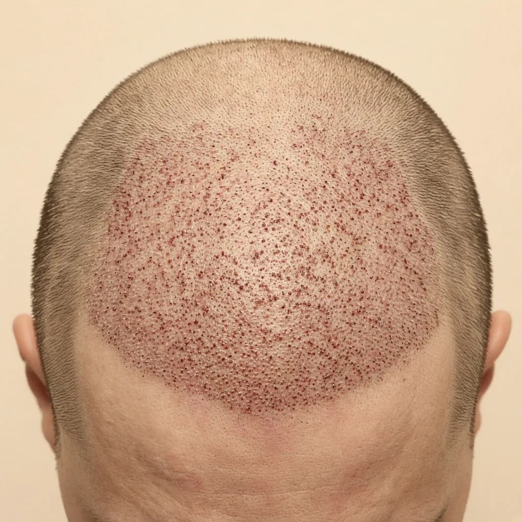 Male scalp days 1–7 after hair transplant — tiny scabs and mild redness during early healing