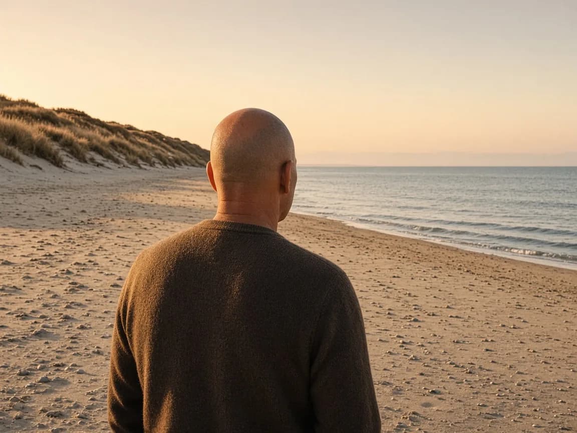 Man with a shaved head on a Belgian beach in summer sun — sun exposure after scalp scar camouflage
