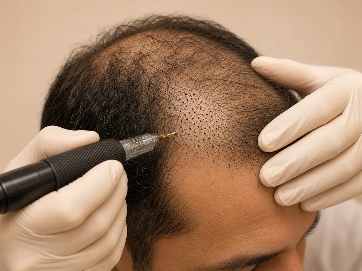 Scalp micro pigmentation density session — micropigmentation pen adding follicle simulation on thinning scalp